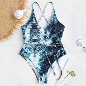 White and blue one-piece swimsuit